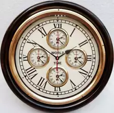 Nautical Antique Style Brass Wooden Wall Clock World Time Clock Wall Decor Gift