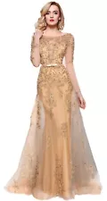 Formal Long Sleeves rhinestone beaded Embroidery Lace up Long Evening prom dress