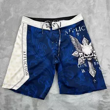 Affliction Shorts Mens 38 Blue Swim Trunks Board Y2K Cyber Skull Cross Goth Punk