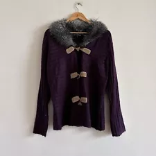 Retro y2k Style Purple Cardigan Faux Fur Collar Cable Knit Feature Button Tumblr