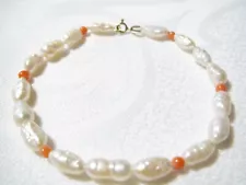 PRETTY 7" 14K GOLD CLASP FRESHWATER PEARLS AND CORAL BEADS BRACELET