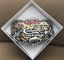 Vintage NIB Huge Heavy 2018 OJRA Rodeo Champion Team Roper Trophy Belt Buckle