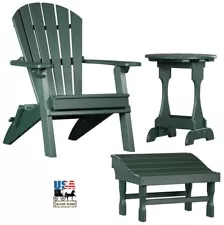 3pc 4 SEASON ADIRONDACK SET - FOREST GREEN Folding Chair Ottoman & Candy Table