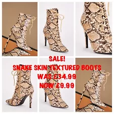 SALE TAN TEXTURED SNAKE SKIN PRINT SIZE 7 HIGH STILETTO HEEL LACE UP ANKLE BOOTS