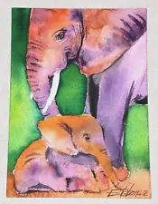 Original ACEO WATERCOLOR PAINTING AFRICAN ELEPHANT AND HER BABY CALF Estebanez