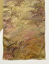 Scarf Signed Hand Painted Gold Swirls Marbling 100% Silk Rolled Edges 10.5 X 55