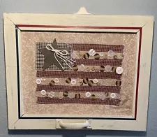 Button Flag & Fabric Wood - Old Window Frame - Americana Picture- Folk Art