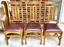 Three Stickley Mission Oak Dining Chairs with Leather Seats - 89-0354A-054 Ellis