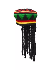 Rasta Hat with Black Dreadlocks Wig Crochet Beanie Cap Hippie Costume Accessory