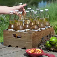 12-Slot Rustic Brown Wooden Beer Bottle Serving Crate with Carrying Handles