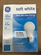 GE 60 Watt A19 Soft White Lightbulbs 620 Lumens 4 Basic Bulbs 66247-1 Pack of 4