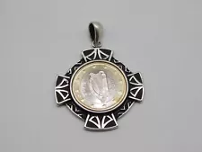 ITALIAN DESIGNER MILOR STERLING SILVER CELTIC CROSS 02 EIRE 1 EURO COIN PENDANT