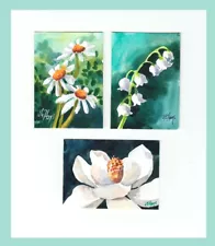 JULY BIN SALE Group of THREE Summer Flower Paintings ACEO 2.5 x 3.5 Watercolors