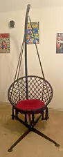 Black Macramé Hanging Chair with Black Stand ~ Red Cushion Included ~ Pick Up