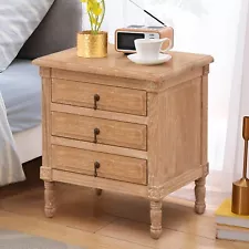 Oak Nightstand with 3 Drawers, Wood Bedside Table Cabinet, Bedroom Furniture