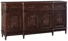 Sideboard Louis XVI French Antiqued Carved Solid Wood, Dovetail 3Drawers 4Doors