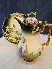 Antique T&V Limoges Chocolate Tea Pot Green /Gold/Hand Painted Flowers W/Plate