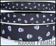 3yds 5/8" or 7/8" or 1.5" White Skulls on Black Background Grosgrain Ribbon