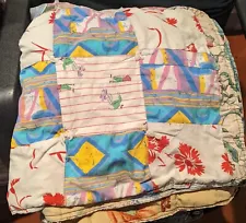 Vintage Rag Quilt 70" x 72" Queen Size Blanket Machine stitched. Hand tied.