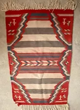 NAVAJO NATIVE AMERICAN HAND WOVEN FOLK ART RED BEIGE BROWN WOOL RUG