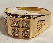 True Vtg Mens Unisex Ring 18K HGE Gold Pl w Rolex Style Crown Stone Size 12 LotF