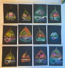 VTG Hand Painted Pipal Tree Leaves Landscape India Peepal Fig Leaf Art Lot of 12