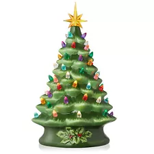 15" Pre-Lit Green Ceramic Christmas Tree Hand-Painted Tabletop Decor with Lights