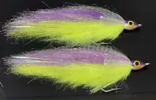 (2) LARGE PURPLE / CHARTREUSE BAITFISH FLIES. FLY FISHING SALT, PIKE, BASS. bf16