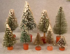 Lot of Nine Vintage 1940's Japan Bottle Brush Christmas Trees Red Wooden Bases