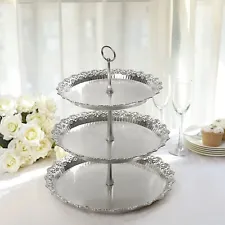 15" Metallic Silver 3 Tier Plastic Cupcake Stand Round Tower Lace Cut Trim Party