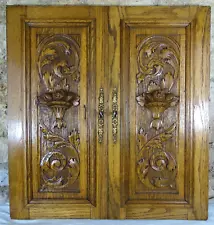 Antique French Pair Carved Wood Doors Wall Panels Solid Oak Salvage