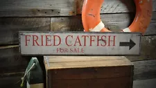 Fried Catfish For Sale Arrow Sign -Rustic Hand Made Vintage Wood Sign