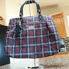 Coach Poppy Tartan Glam Plaid Red Blue Black Large Tote Purse Authentic 18713