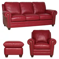 New Italian Leather Living "Mateo" Cherry Red Italian Leather Sofa Chair Ottoman