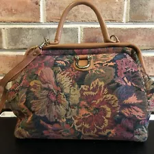 Richmark VTG Floral Tapestry Carpet Bag W/Leather Handles Shoulder Strap Purse