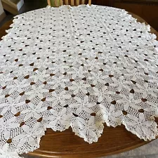 Antique CROCHET TABLECLOTH Handmade White Rosettes Cotton Scalloped Boho 58x37