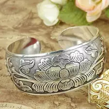 Women Peony Tibetan Bracelet Silver Cuff Bracelets Bracelet Antique Cuff 2024