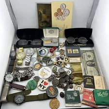 Estate Sale Junk Drawer Lot Coins, Matches , Silver Certificate, Pins, Watches