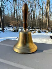 Large ~ Antique Hand Held 12" Brass Teachers School Bell with Wood Handle