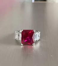 Estate Sale 3 Ct Emerald Cut Ruby Simulated Diamond Six Stone Ring Silver Finish