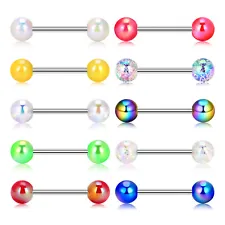 2pcs Colorful Ball Tongue Rings 316L Stainless Steel Barbell Nipple Ring 14G Bar