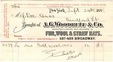 Bought of A G Woodruff & Co. MFG & Dealers in Fur, Wool & Straw Hats 9/24/1888