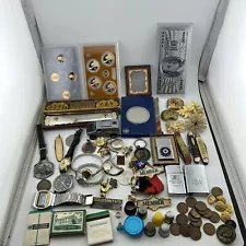 Estate Sale Junk Drawer Lot, Coins, Zippos, Watches, Knifes, Pins, Harmonica