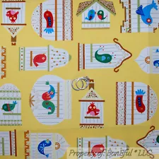 BonEful Fabric Cotton Quilt Yellow LOVE BIRD House Cage Garden Flower SALE SCRAP