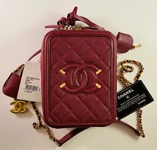 CHANEL Burgundy Caviar Quilted Leather Filigree Vanity Case Crossbody Bag