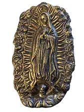 Vintage Our Lady of Guadalupe Clay Plaque Black/GoldHandmade Hand Painted 13x8.5