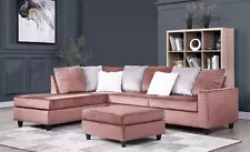 PINK VELVET REVERSIBLE CHAISE SOFA SECTIONAL 8 PILLOWS LIVING ROOM FURNITURE