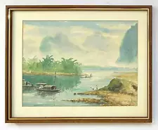 Li Yongsen (1898-1998) - Chinese River Landscape w/ Boats - Original Watercolor