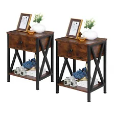 Set of 2 X-Design End Side Sofa Table Storage Shelf W/Drawer for Bedroon Brown