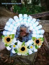 Small Blue Trim Diaper Wreath With Sunflowers And Daisies